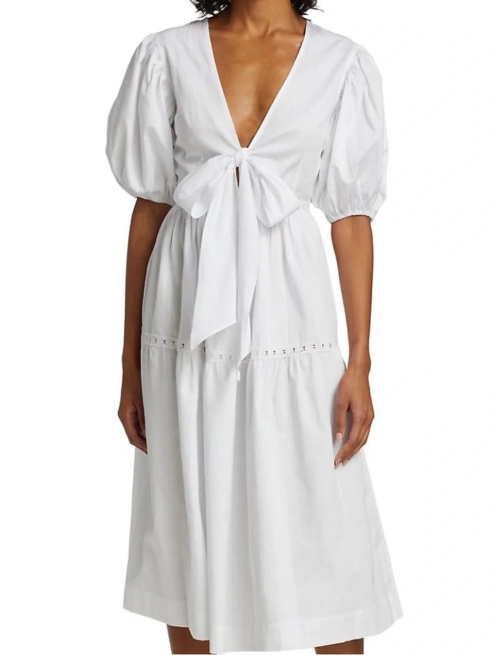 S/W/F puff-sleeve midi dress featuring a tie-front closure and tiered skirt